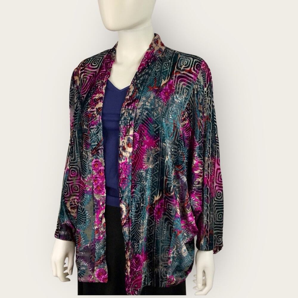 Anthropologie's Elevenses Velvet Burnout Kimono Jacket Pink & Teal Blue